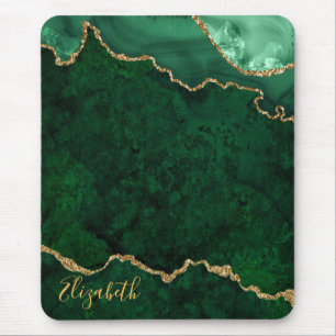 Watercolor Green Gold Marble Geode Agate Mouse Pad