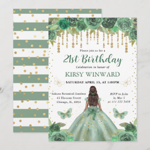 Watercolor Green & Gold Princess Birthday Invitation