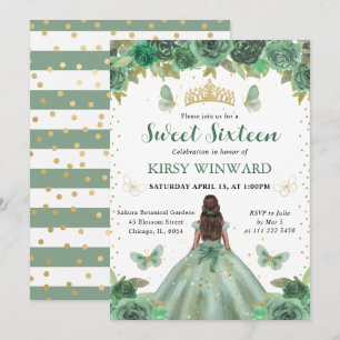Watercolor Green & Gold Princess Sweet 16 Invitation