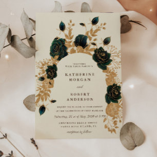 watercolor green gold roses Wedding Invitation