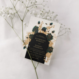 watercolor green gold roses Wedding Invitation