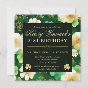 Watercolor Green & Gold Shamrock 21st Birthday Invitation