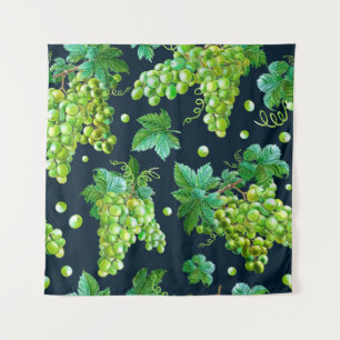 Watercolor green grape, leaves on dark background. tapestry