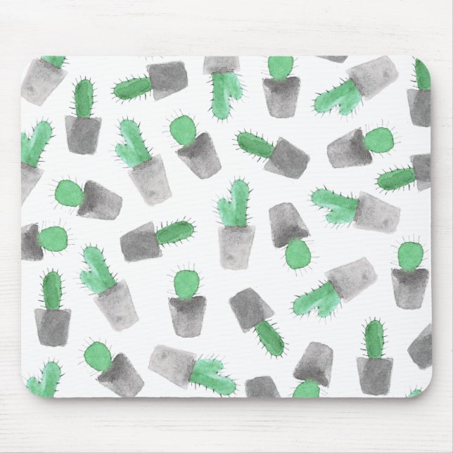 Watercolor green grey modern cactus pattern mouse pad (Front)