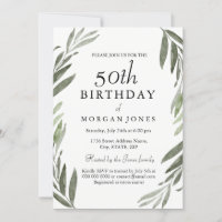 Watercolor Green Leaf 50th Birthday Invitation