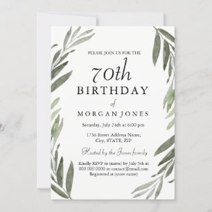 Watercolor Green Leaf 70th Birthday Invitation