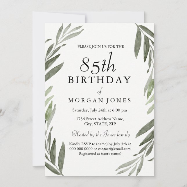 Watercolor Green Leaf 85th Birthday Invitation (Front)