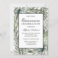 Watercolor Green Leaf Border Quinceanera Invite