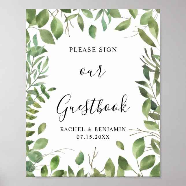 Watercolor Green Leaf Border Sign Guestbook Chic (Front)