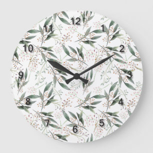 Watercolor green leaf gum nut pink flower large clock