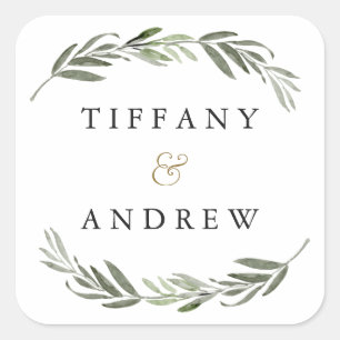 Watercolor Green Leaf Modern Wedding Square Sticker