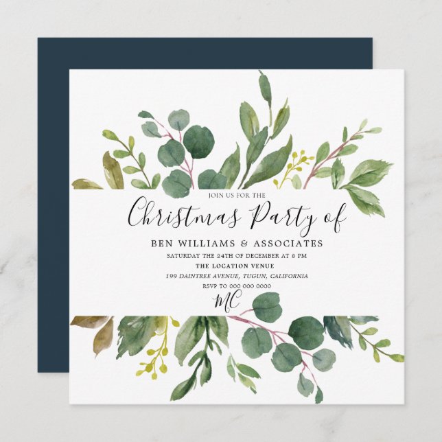 Watercolor Green Leaf Office Christmas Party Invitation (Front/Back)