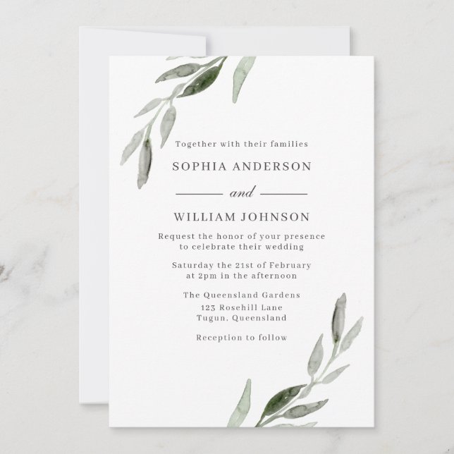 Watercolor Green Leaf Spring Greenery Wedding Invitation (Front)