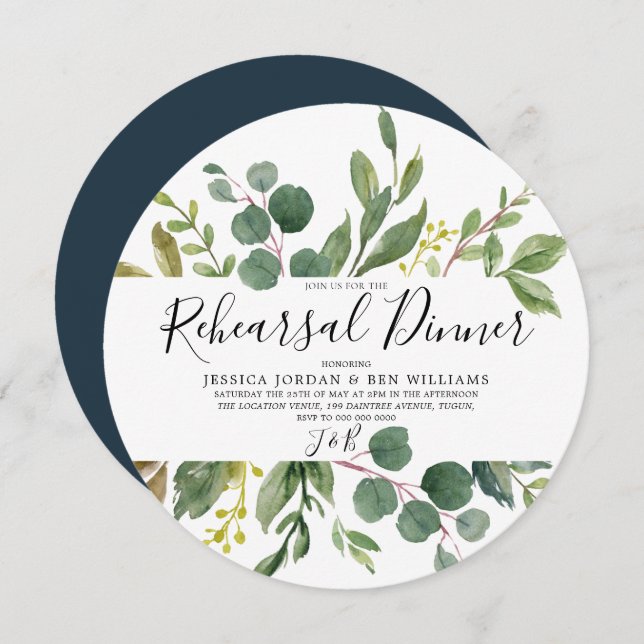 Watercolor Green Leaf Spring Rehearsal Dinner Invitation (Front/Back)