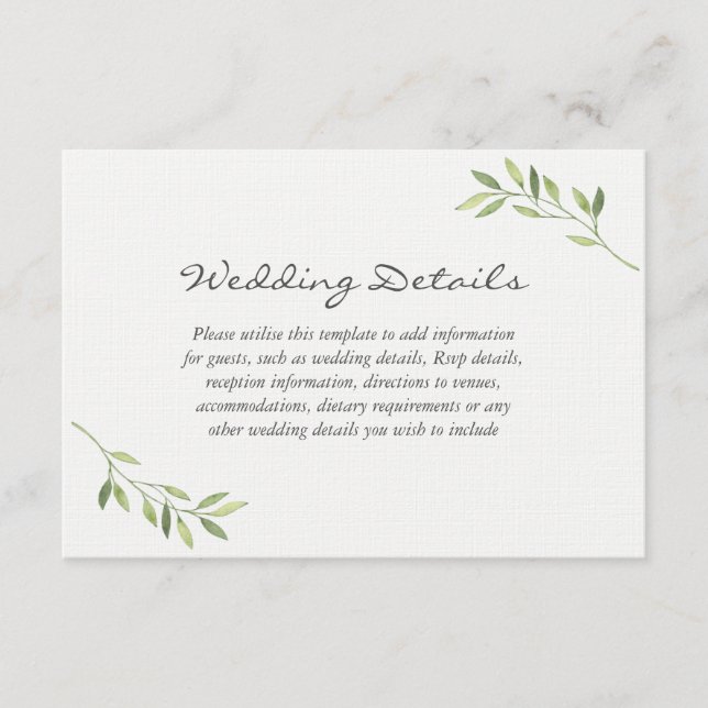 Watercolor Green Leaf Wedding Reception Details Enclosure Card (Front)