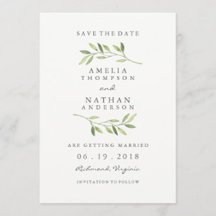 Watercolor Green Leaf Wedding Save The Date