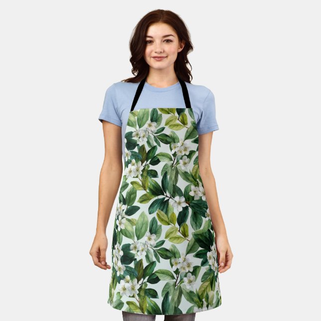Watercolor Green Leaf White Floral Pattern Apron (Worn)