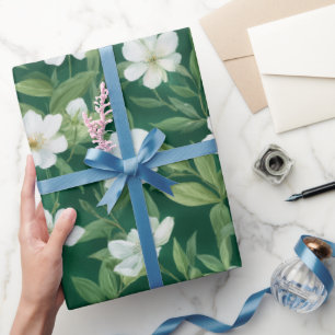Watercolor Green Leaf White Floral Pattern Wrapping Paper