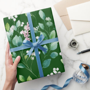 Watercolor Green Leaf White Floral Pattern Wrapping Paper