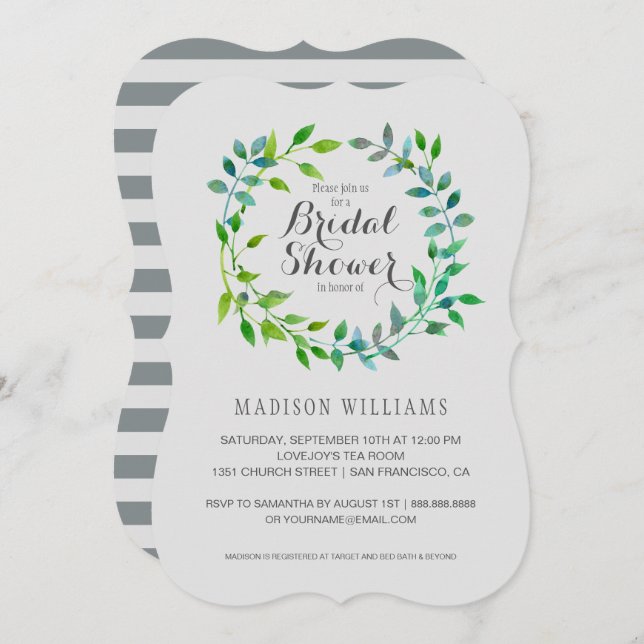 Watercolor Green Leaf Wreath | Bridal Shower Invitation (Front/Back)