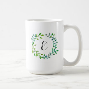 Watercolor Green Leaf Wreath Monogram Coffee Mug