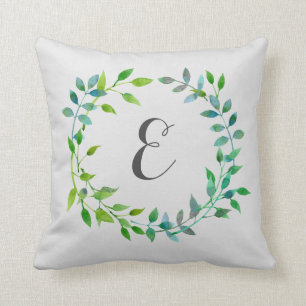 Watercolor Green Leaf Wreath   Monogram Cushion