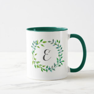 Watercolor Green Leaf Wreath Monogram Mug