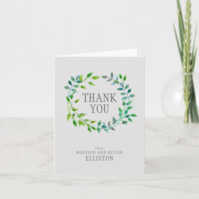 Watercolor Green Leaf Wreath | Thank You (Front)