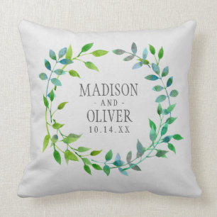 Watercolor Green Leaf Wreath   Wedding Cushion