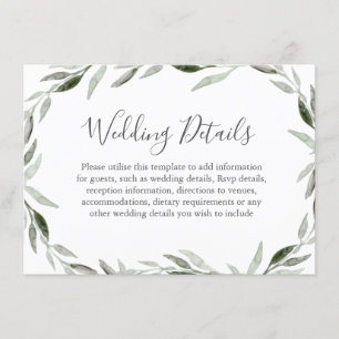 Watercolor Green Leaf Wreath Wedding Details Enclosure Card