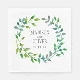 Watercolor Green Leaf Wreath   Wedding Napkin