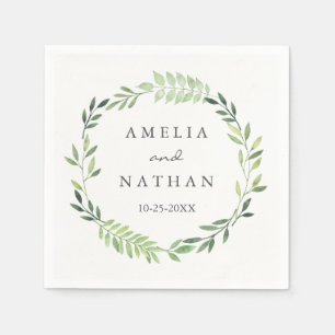 Watercolor Green Leaf Wreath Wedding Napkin