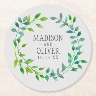 Watercolor Green Leaf Wreath Wedding Round Paper Coaster