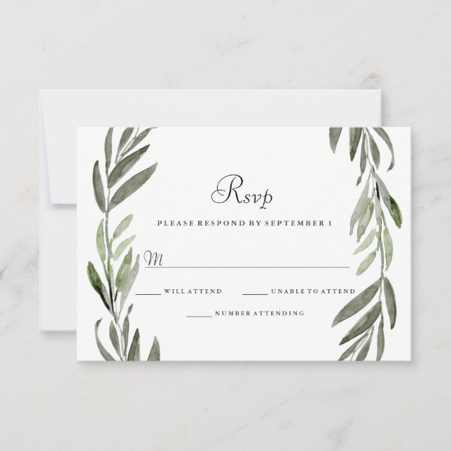 Watercolor Green Leaf Wreath Wedding RSVP (Front)