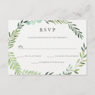 Watercolor Green Leaf Wreath Wedding RSVP Card