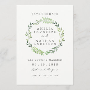 Watercolor Green Leaf Wreath Wedding Save The Date