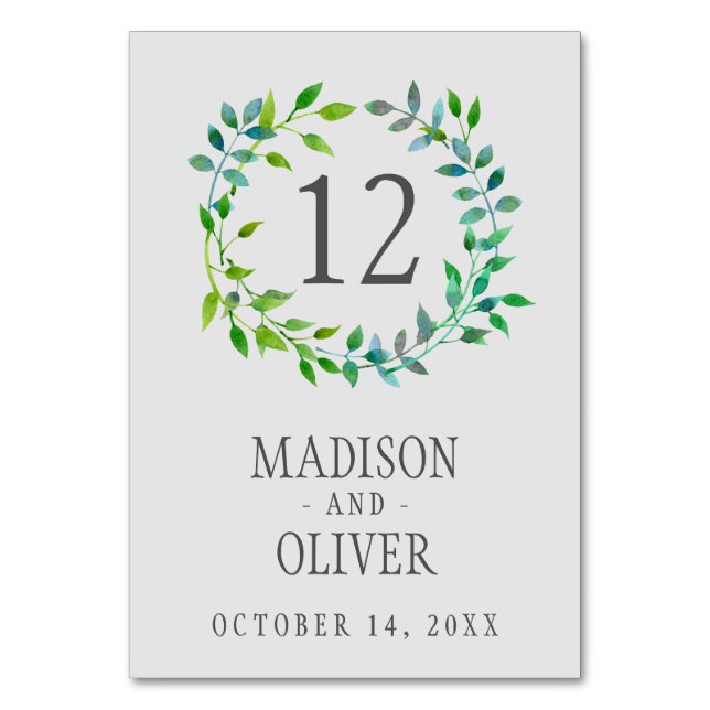 Watercolor Green Leaf Wreath | Wedding Table Number (Front)