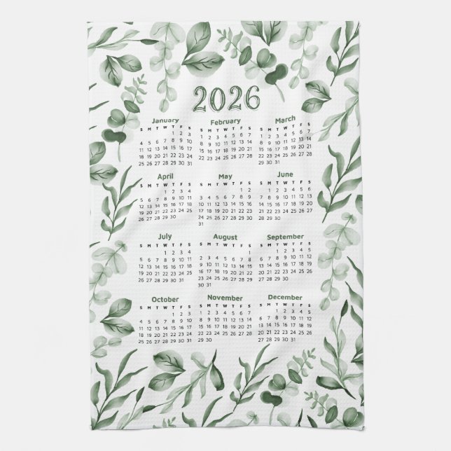 Watercolor Green Leaves 2026 Calendar  Tea Towel (Vertical)