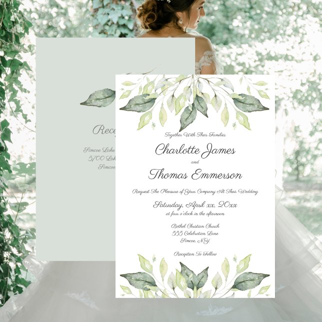 Watercolor Green Leaves Elegant Wedding Invitation (Creator Uploaded)