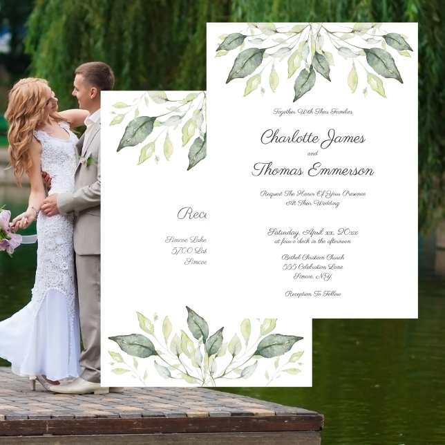 Watercolor Green Leaves Elegant Wedding Invitation (Wedding Soft Watercolor Green Leaves Elegant Invitation)