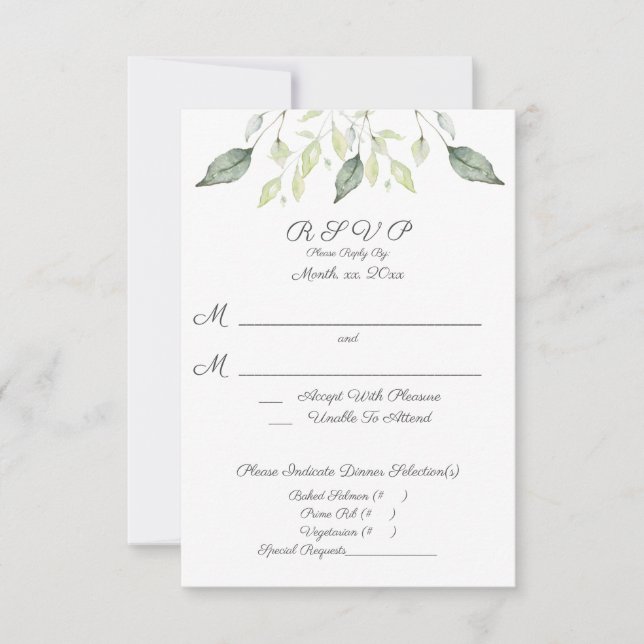 Watercolor Green Leaves Elegant Wedding RSVP Card (Front)