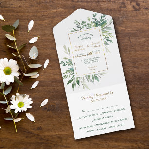 Watercolor Green Leaves Gold Frame Wedding All In One Invitation