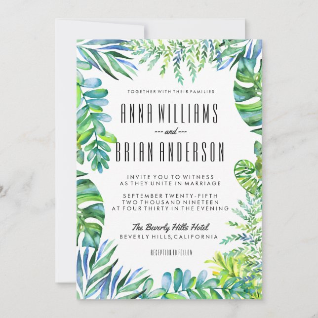 Watercolor Green Leaves Greenery Wedding Invite (Front)