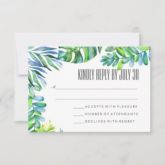 Watercolor Green Leaves Greenery Wedding RSVP Card (Front)