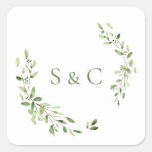 Watercolor Green leaves Monogram Wedding Square Sticker