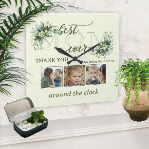 Watercolor Green Leaves Mum Photo  Square Wall Clo Square Wall Clock