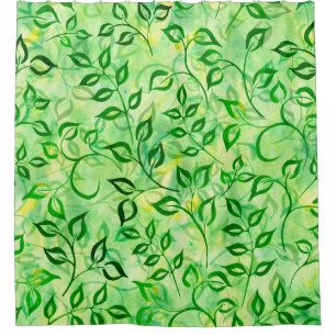 Watercolor green leaves on a yellow-green backgrou shower curtain