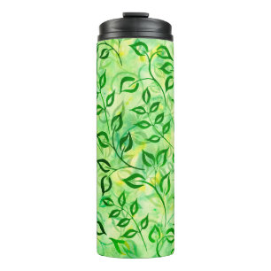 Watercolor green leaves on a yellow-green backgrou thermal tumbler