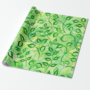 Watercolor green leaves on a yellow-green backgrou wrapping paper