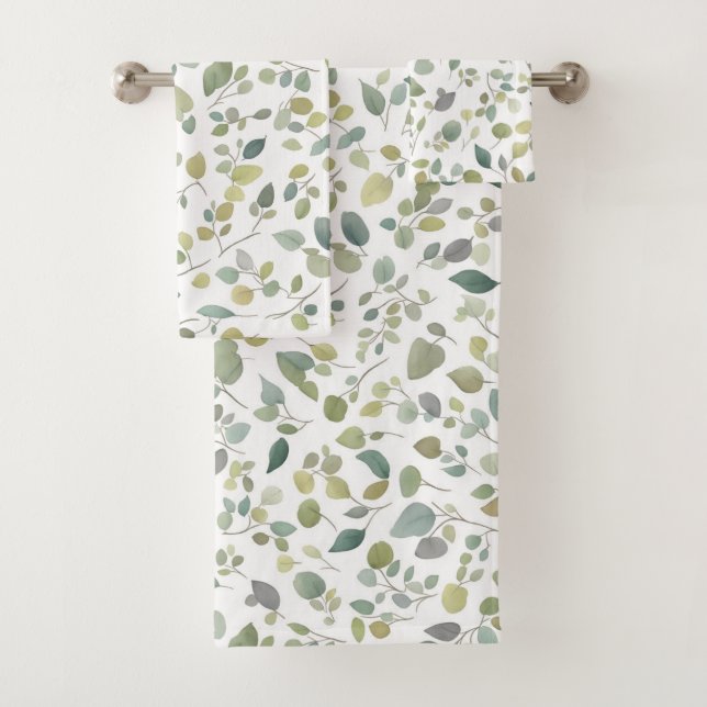 Watercolor Green Leaves Pattern Bath Towel Set (Insitu)